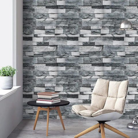 Grey Faux Brick Peel And Stick Wallpaper Dope Look Self Adhesive Removable for modern living room decor with chair and table.