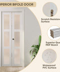 Solid Wood Bifold Closet Doors For 30 By 80 Inch Opening 3 Lite Tempered Frosted Glass Barn Style Folding Door With Hardware Kit MDF Core And Waterproof PVC Surface White Finish