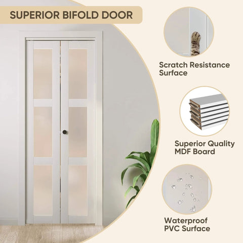 Solid Wood Bifold Closet Doors For 30 By 80 Inch Opening 3 Lite Tempered Frosted Glass Barn Style Folding Door With Hardware Kit MDF Core And Waterproof PVC Surface White Finish