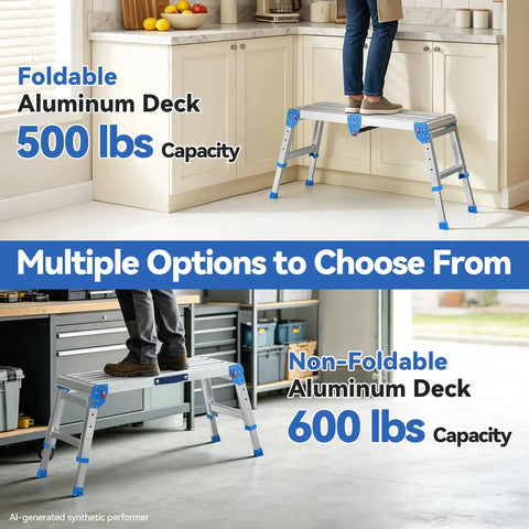 Heavy Duty Aluminum Work Platform Supports Up To 600 Lbs With One Touch Automatic Fold Stable On Steps With Reinforced Non Slip Top And Wide Legs Quick Two Step Fold No Tools Required For Diy And Pros, foldable deck