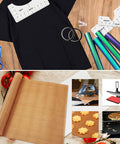 DIY T Shirt Alignment Tool Kit With Heat Resistant Tape And PTFE Teflon Transfer Sheets Four Ruler Sizes Two Rolls Heat Resistant Tape Three Packs PTFE Sheets And One Tape Measure Included For Quick Centered Transfers, shown with a black T-shirt and crafting tools.