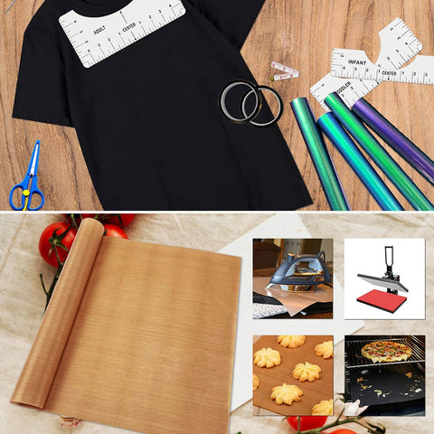 DIY T Shirt Alignment Tool Kit With Heat Resistant Tape And PTFE Teflon Transfer Sheets Four Ruler Sizes Two Rolls Heat Resistant Tape Three Packs PTFE Sheets And One Tape Measure Included For Quick Centered Transfers, shown with a black T-shirt and crafting tools.