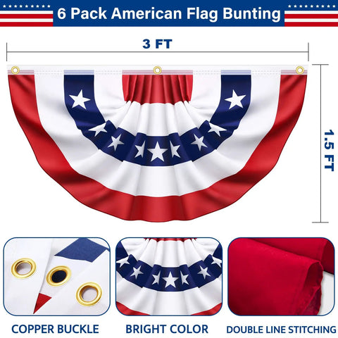 Six Pack 3x6 Ft Pleated American Flag Bunting For Outdoor Decor with copper buckles, red, white and blue colors, and stitching details
