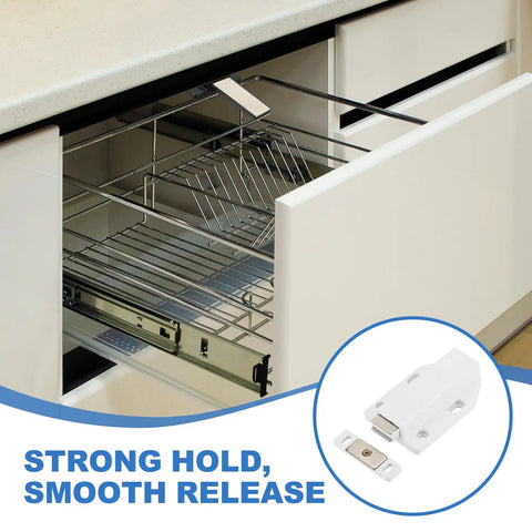Two-Pack Magnetic Push Latches For Cabinets And Doors installed on drawer, white finish, in use with easy open mechanism, close-up view