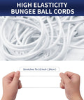 Hands stretching Tough As Nails 6 Inch Ball Bungee Cords Set With UV Resistant Elastic Ties And Ball Ends, shown coiled and white