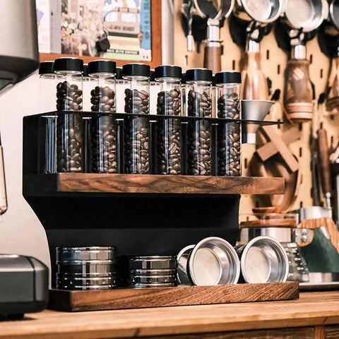 Badass Two Tier Coffee Bean Cellar With Built In Hopper And One Way Exhaust Valve For Fresh Single Dose Roasts Includes Twelve Precision Test Tubes and brews coffee