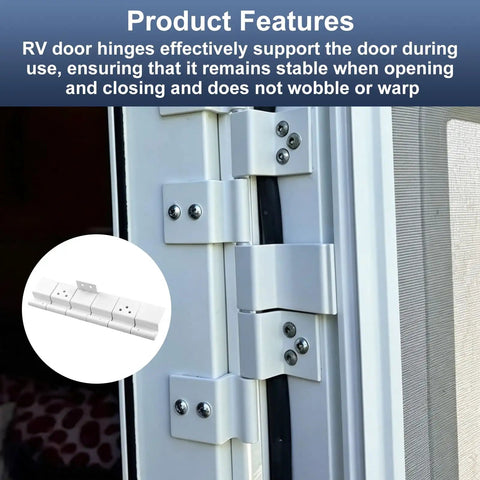 Close-up of Heavy Duty Beefed Up RV Door Friction Hinges Compatible With Lippert Entry Doors for 5th Wheel Travel Trailers.