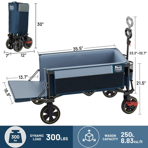 Extra Long Folding Wagon With Tailgate And Brakes For Easy Haul, Heavy Duty 300Lb Load Capacity And Adjustable Handle, blue