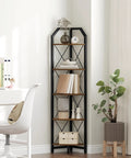 Space Saving Five Tier Corner Shelf With Industrial Edge Tall 59.4 Inch Plant Display Stand And Bookcase In Rustic Brown And Black Finish For Living Room Bedroom Or Home Office, displayed in a bright corner with books and decorations.