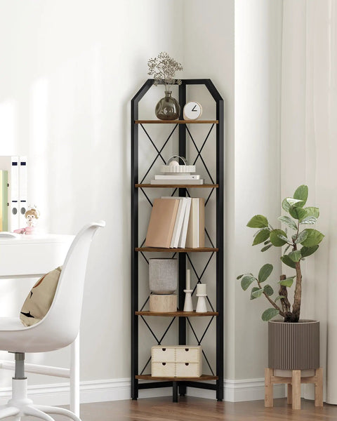 Space Saving Five Tier Corner Shelf With Industrial Edge Tall 59.4 Inch Plant Display Stand And Bookcase In Rustic Brown And Black Finish For Living Room Bedroom Or Home Office, displayed in a bright corner with books and decorations.