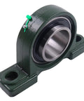 Self Align Pillow Block Bearing With 3 Inch Bore And Two Bolt Solid Base, Compatible With UCP215-48, green housing angle view