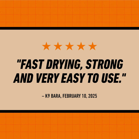 Graphic showing five orange stars above a beige banner with a customer review about fast drying and easy use.