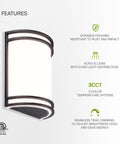 10 Inch LED Wall Sconce Light in Oil Rubbed Bronze, Dimmable and Color Temperature Adjustable 3000K 4000K 5000K, 15W, Modern Indoor Wall Mount for Hallway and Bedroom with 120 Degree Beam, shown with features of durable rust-resistant housing and acrylic lens.