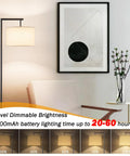 Cordless Battery Powered Floor Lamp With Remote, 10000mAh RGB Dimmable Lighting Vibe in living room setting, white shade, black stand.