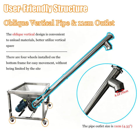 Powerful Inclined Spiral Convey Machine With 150 Liter Massive Hopper For Granular Materials High Capacity Bulk Lifter At 1.8 Meters Height using reliable AC220V single phase power for tough jobs, featuring oblique vertical pipe and 11cm outlet.