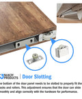 Concealed Sliding Barn Door Hardware Kit With Soft Close For 42 Inch Track, showing top roller, bottom wheels, and door slotting.