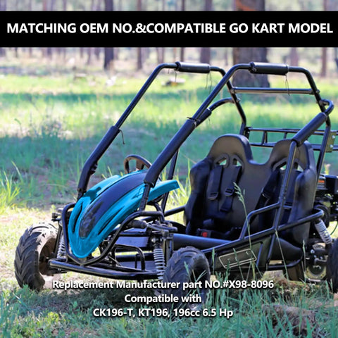Go-kart in grassy field compatible with Coleman Powersports CK196-T, KT196, KT194, 196cc, 6.5 HP, left and right steering knuckle.