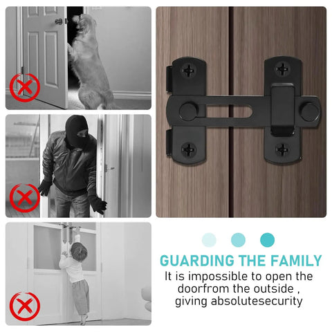 Four Pack Black Stainless Steel Sliding Barn Door Latches Featuring A 180 Degree Flip Bolt Setup And Hella Smooth Corrosion Resistant Coating For Super Solid Everyday Security That Keeps Your Home Locked And Loaded Always, showing functionality against intruders.