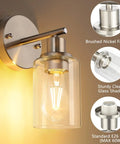 Set Of 2 Modern Brushed Nickel Wall Sconces With Clear Glass Shades For A No Fuss Bathroom Vanity Lighting, highlighting features and material.