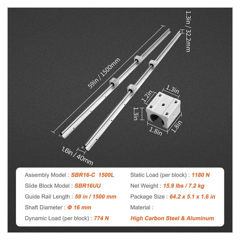 DIY CNC Milling Upgrade 2 Straight Linear Guide Rails 800 To 2200Mm And 4 UU Bearing Blocks For Smooth Motion SBR12 SBR16 SBR20 Compatible Pro Grade Linear Rail System For DIY Mills And Milling Projects Bang For Your Buck. SBR16U 1500mm rails with UU blocks, high carbon steel and aluminum