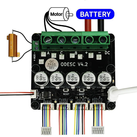 Top view of ODESC V4.2 24V Single Drive High Current High Precision Brushless Servo Motor Controller with connectors and circuit board.