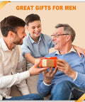 Father receiving gift with son and grandson on couch, backdrop text "Great Gifts For Men"