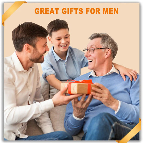 Father receiving gift with son and grandson on couch, backdrop text "Great Gifts For Men"