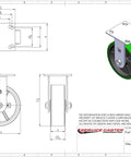 Diagram of Heavy Duty Polyurethane On Cast Iron Swivel Top Plate Casters Set Of 4 With 6 Inch Green Wheels.