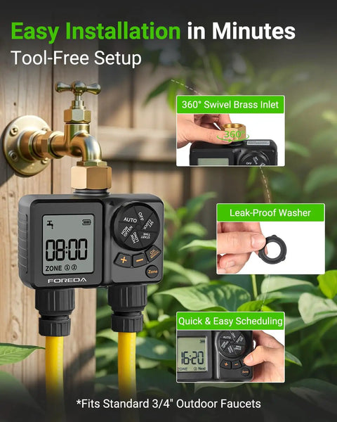 Two Zone Water Timer For Garden Hose With USB C Rechargeable Battery featuring brass inlet and easy scheduling display