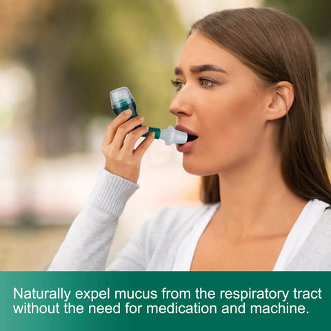 Person using Lung Workout Breathing Compact Device With PEP Therapy For Mucus Clearance Portable Handheld Exhalation Trainer