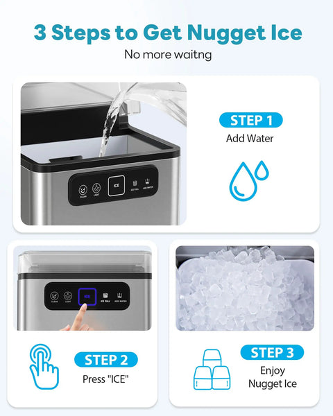 Top Shelf Countertop Nugget Ice Maker Crushing 40 Pounds Of Soft Chewable Ice Daily With Lightning Fast Five Minute Batches, adding water step.