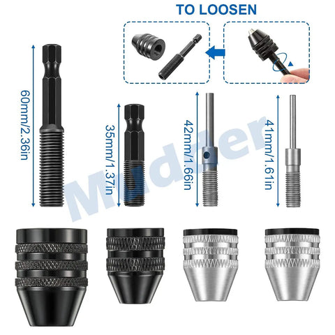 Keyless Drill Chuck Set Four Pieces For Cordless Drills One Quarter Inch One Eighth Inch One Sixteenth Inch Hex And Round Shanks Quick Change Adapters For Easy Tool Swaps No Fuss And Fast Drilling Or Grinding Tasks