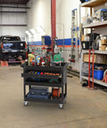 Three Tier Rolling Tool Cart With Drawers, 400 Lb Capacity Heavy Duty Utility Cart On Wheels With Pegboard in garage