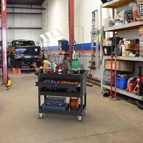 Three Tier Rolling Tool Cart With Drawers, 400 Lb Capacity Heavy Duty Utility Cart On Wheels With Pegboard in garage