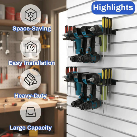 Slatwall Power Tool Organizer 1 Pack With Four Drill Holders Heavy Duty Cordless Tool Rack Mount Holds Up To 40 Lbs in garage