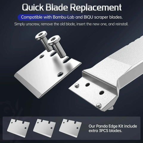 Panda Edge All Metal 3D Printer Scraper Kit with extra 3 SK5 blades, showing quick blade replacement design and compatibility details.