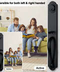 Keyed Entry Door Handleset In Matte Black With Full Plate Built To Fit US Doors, shown on interior door next to family on couch.