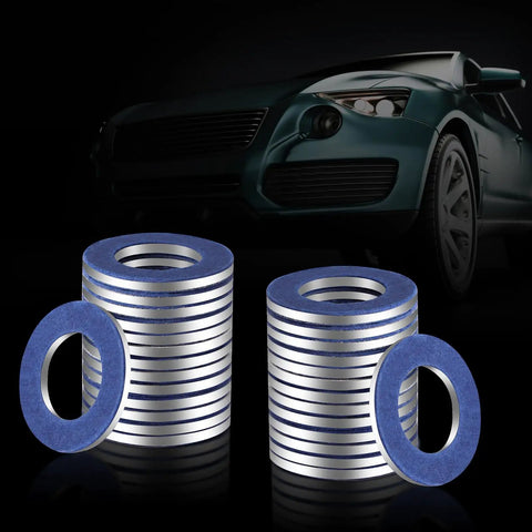 Toyota 24 Pcs Aluminum Oil Drain Plug Gaskets Kit With Crush Washers Seals visible with vehicle background, 12mm ID, 21mm OD.