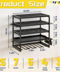 Rock Solid Five Tier Wall Mount Power Tool Organizer Rack For Garage Storage with measurements and features displayed.