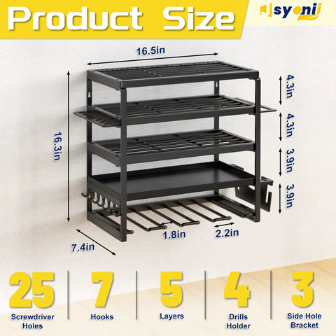 Rock Solid Five Tier Wall Mount Power Tool Organizer Rack For Garage Storage with measurements and features displayed.