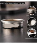 Dope Titanium Espresso Distributor And Ground Leveling Tool For Even Coffee Bed Prep In 58.5mm Portafilter Baskets shown in close-up view on wooden surface.