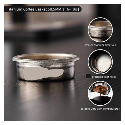 Dope Titanium Espresso Distributor And Ground Leveling Tool For Even Coffee Bed Prep In 58.5mm Portafilter Baskets shown in close-up view on wooden surface.