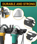 Close-up of Beefy Steel Wall Mount Multi Tool Organizer And Tool Storage Rack 2 Pack holding drills and power tools on a wall.