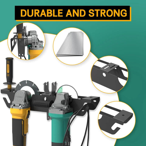 Close-up of Beefy Steel Wall Mount Multi Tool Organizer And Tool Storage Rack 2 Pack holding drills and power tools on a wall.