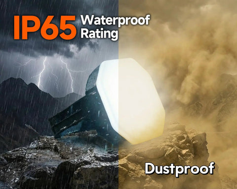 Rechargeable Hanging Camping Lantern With Magnetic Mount And One Quarter Twenty UNC Threaded Mount Three Light Modes 30W Portable Tent Light IP65 Waterproof LED Flashlight For Fishing The Man Cave RV And Emergency showing waterproof and dustproof features in storm and dust conditions.