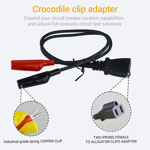 Crocodile clip adapter with industrial-grade spring copper clip and two-prong female to alligator-clips adapter, for circuit testing.