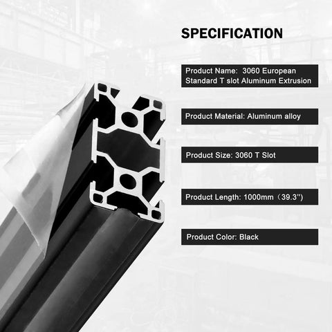 Top Shelf Heavy Duty 3060 T Slot Aluminum Extrusion Rail Profile Black Anodized Coating 1000mm showing cross-section details.