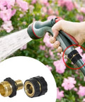 3/4 Inch Garden Hose Quick Connect Kit With Snap To Lock Design, 4 Sets Per Bag; shown with hose and nozzle in garden