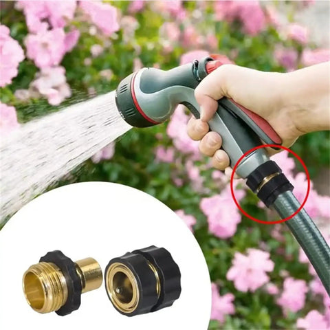 3/4 Inch Garden Hose Quick Connect Kit With Snap To Lock Design, 4 Sets Per Bag; shown with hose and nozzle in garden