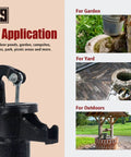 Durable Cast Iron Pitcher Pump Manual Hand Crank Suction Water Transfer Pump For Outdoor Garden Pond Backyards 25 Foot Lift Easy Install Antique Style Well Pump Black with usage examples for garden, yard, and outdoors.